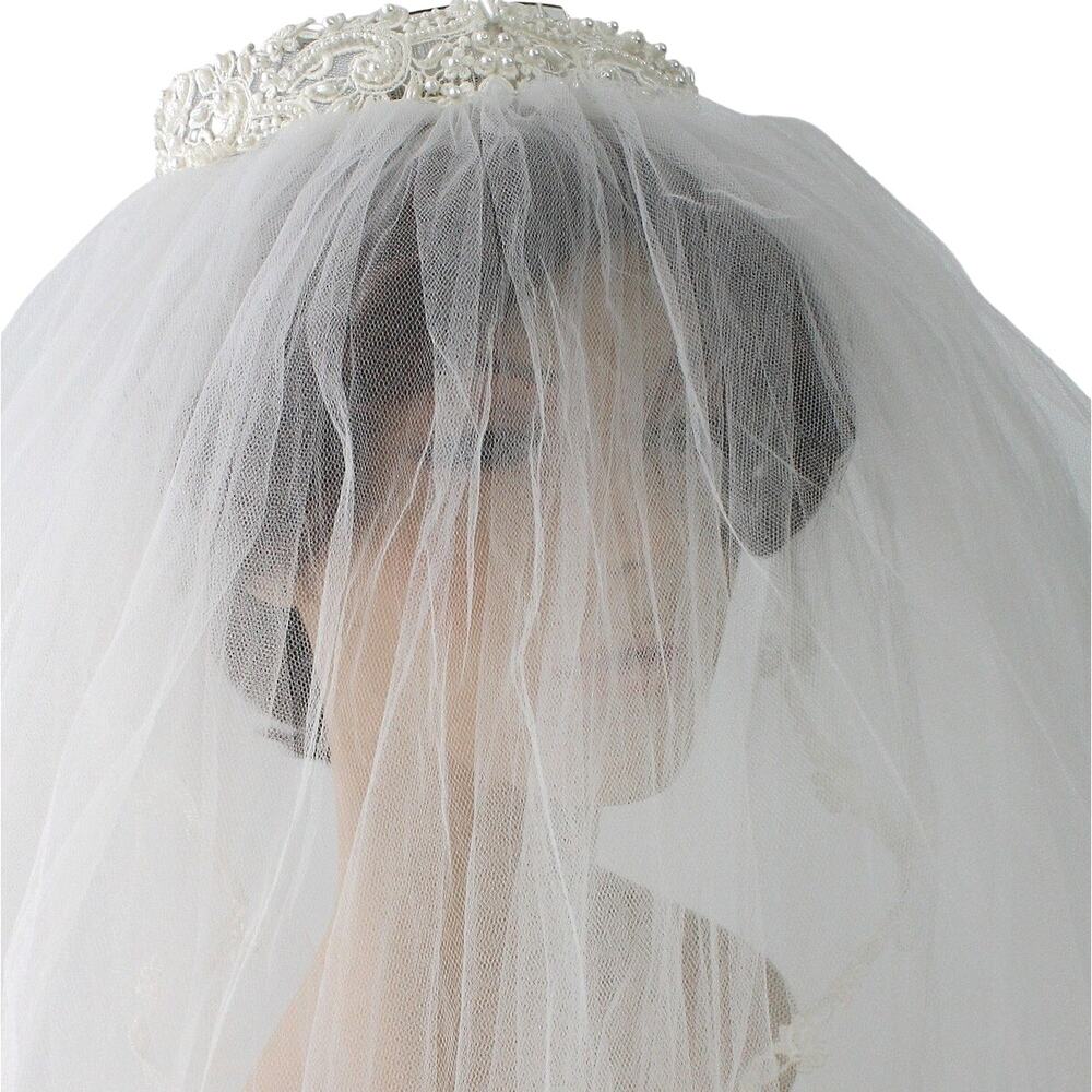 Vintage 70s Bridal Veil Pearl Lace Wedding Headpiece Double Layer